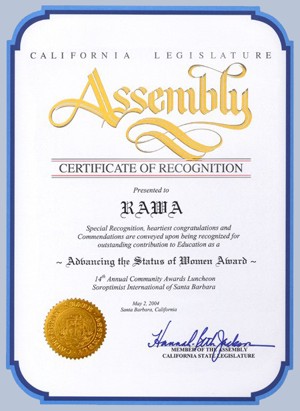 A Certificate of Recognition to RAWA from the California Legislature Assembly