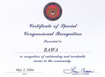 Certificate of Special Congressional Recognition from the U.S. Congress to RAWA