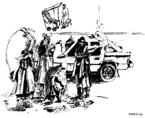 Cartoon showing Taliban beating a woman in the street
