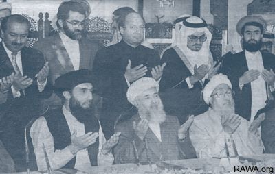 Najibullah Lafraei with Afghan fundamentalist leaders and their Arab, Pakistani and Irani master